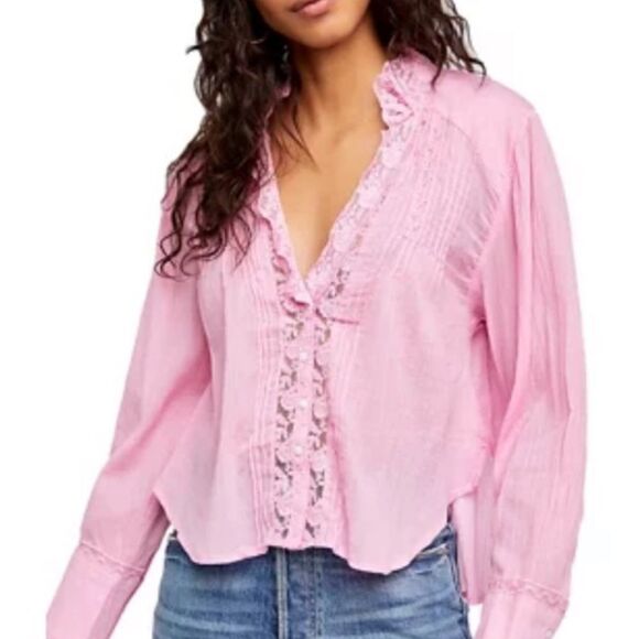 Free People | Clemence Lace Button Front Shirt Blouse | Peasant/Cottage Style XL - Picture 2 of 14